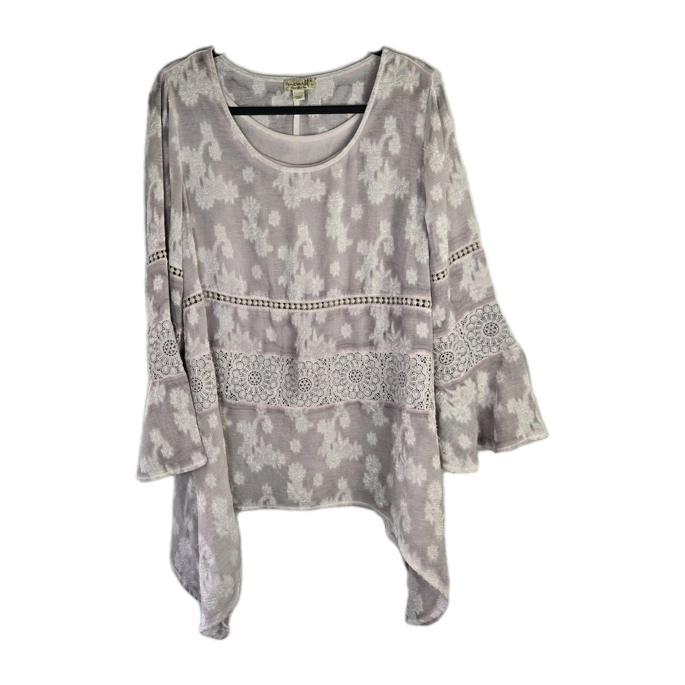 One World Womens XL Embroidered Crochet & Tank Lavender Bell Sleeve Boho Fairy